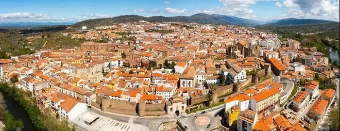 Framed Print : Panoramic view from drone of ancient walled Spanish city of Plasencia Framed Print : Panoramic view from drone of ancient walled Spanish city of Plasencia