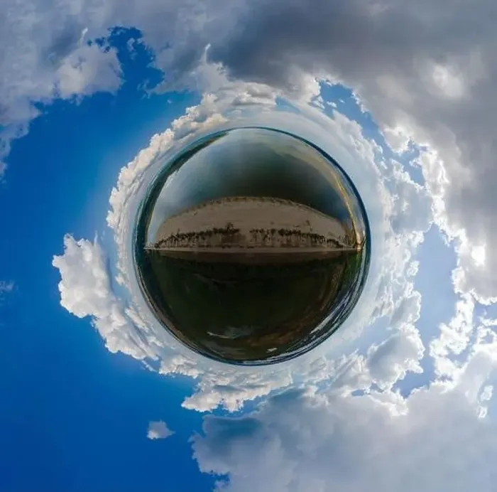 Framed Print : Panoramic view from drone, small planet and blue sky around the globe Framed Print : Panoramic view from drone, small planet and blue sky around the globe