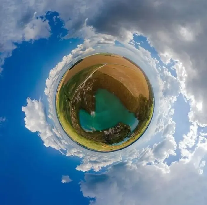 Framed Print : Panoramic view from drone, small planet and blue sky around the globe Framed Print : Panoramic view from drone, small planet and blue sky around the globe