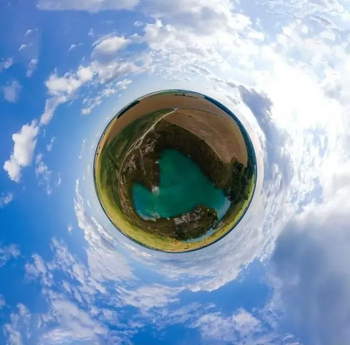 Framed Print : Panoramic view from drone, small planet and blue sky around the globe Framed Print : Panoramic view from drone, small planet and blue sky around the globe