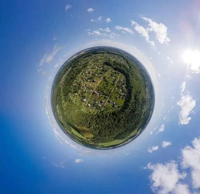 Framed Print : Panoramic view from drone, small planet and blue sky around the globe