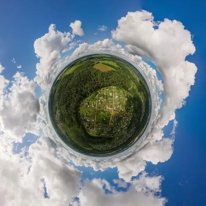 Framed Print : Panoramic view from drone, small planet and blue sky around the globe Framed Print : Panoramic view from drone, small planet and blue sky around the globe