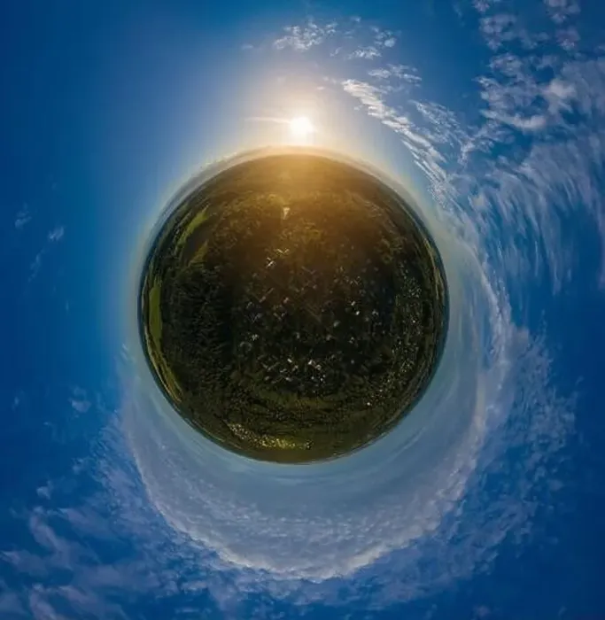 Framed Print : Panoramic view from drone, small planet and blue sky around the globe Framed Print : Panoramic view from drone, small planet and blue sky around the globe