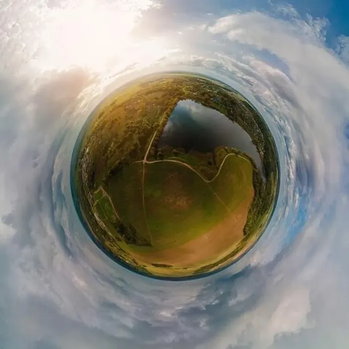 Framed Print : Panoramic view from drone, small planet and blue sky around the globe Framed Print : Panoramic view from drone, small planet and blue sky around the globe