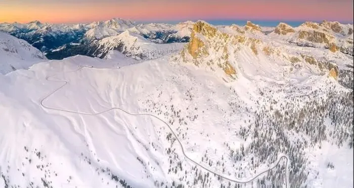 Framed Print : Panoramic view by drone of the snowy Giau Pass Framed Print : Panoramic view by drone of the snowy Giau Pass