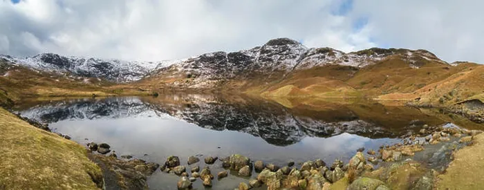 Framed Print : Panoramic view of Easedale Tarn in Winter with snowy mountain fells beyond, Lake District, Cumbria, England, UK Framed Print : Panoramic view of Easedale Tarn in Winter with snowy mountain fells beyond, Lake District, Cumbria, England, UK