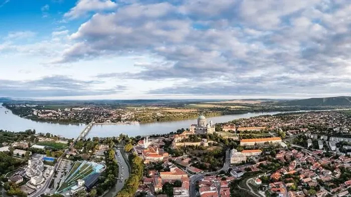 Framed Print : Panoramic view from Esztegom with river Danube and basilica