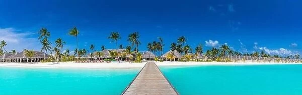 Panoramic view of exotic palm trees and lagoon on the tropical Island beach. Luxury resort hotel, villas, bungalows with wooden jetty. Amazing travel