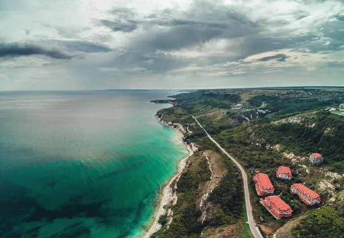 Framed Print : Panoramic view over golf fields next to the sea cliffs, aerial drone view Framed Print : Panoramic view over golf fields next to the sea cliffs, aerial drone view