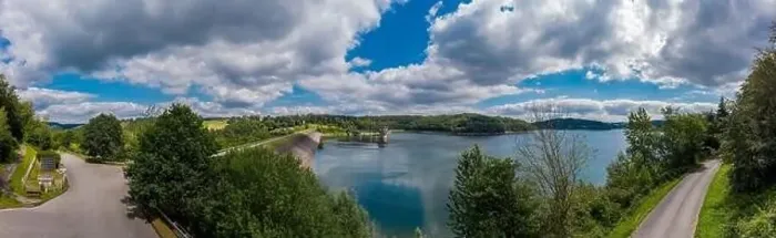 Framed Print : Panoramic view of the Great Dhünn dam. Germany, Drone photography Framed Print : Panoramic view of the Great Dhünn dam. Germany, Drone photography