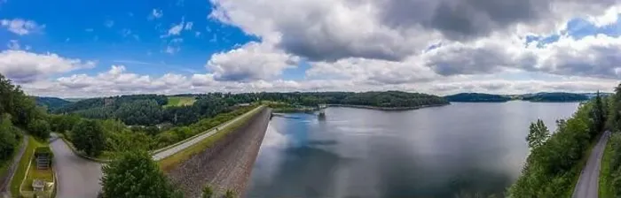 Framed Print : Panoramic view of the Great Dhünn dam. Germany, Drone photography