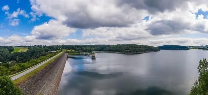 Framed Print : Panoramic view of the Great Dhünn dam. Germany, Drone photography Framed Print : Panoramic view of the Great Dhünn dam. Germany, Drone photography