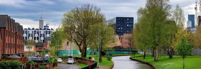 Framed Print : Panoramic view of Manchester Skyline on a spring day from Victoria Mills park, Miles Platting Framed Print : Panoramic view of Manchester Skyline on a spring day from Victoria Mills park, Miles Platting