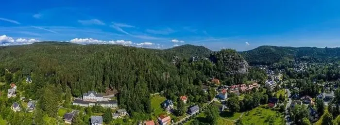 Framed Print : Panoramic view of Mount Oybin and the ruins of the monastery church and the castle, Germany. Drone photography Framed Print : Panoramic view of Mount Oybin and the ruins of the monastery church and the castle, Germany. Drone photography