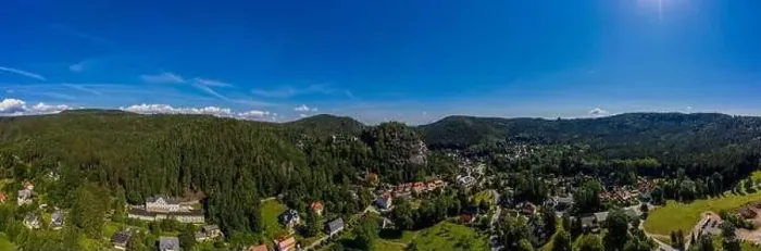Framed Print : Panoramic view of Mount Oybin and the ruins of the monastery church and the castle, Germany. Drone photography Framed Print : Panoramic view of Mount Oybin and the ruins of the monastery church and the castle, Germany. Drone photography