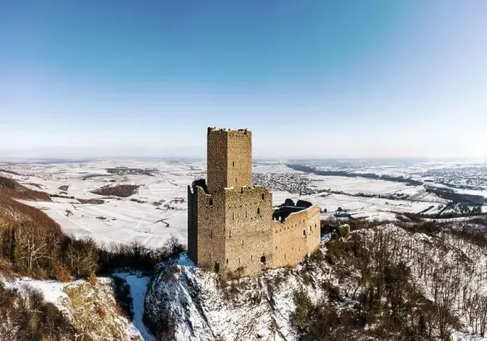 Framed Print : Panoramic view of the Ortenburg castle in the Vosges. Aerial view, drone shooting. Winter, Snow lies on the mountains Framed Print : Panoramic view of the Ortenburg castle in the Vosges. Aerial view, drone shooting. Winter, Snow lies on the mountains