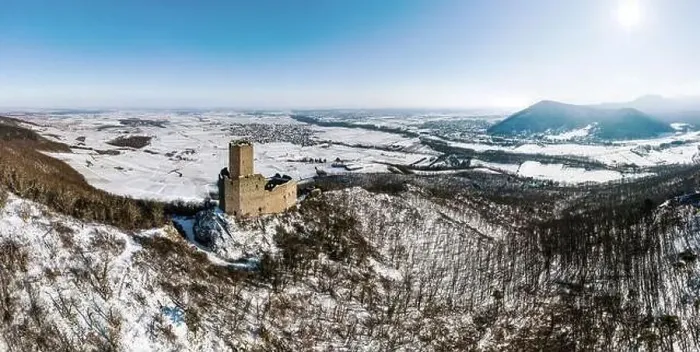 Framed Print : Panoramic view of the Ortenburg castle in the Vosges. Aerial view, drone shooting. Winter, Snow lies on the mountains Framed Print : Panoramic view of the Ortenburg castle in the Vosges. Aerial view, drone shooting. Winter, Snow lies on the mountains