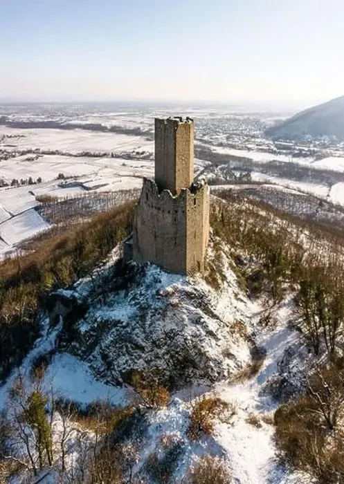 Framed Print : Panoramic view of the Ortenburg castle in the Vosges. Aerial view, drone shooting. Winter, Snow lies on the mountains Framed Print : Panoramic view of the Ortenburg castle in the Vosges. Aerial view, drone shooting. Winter, Snow lies on the mountains