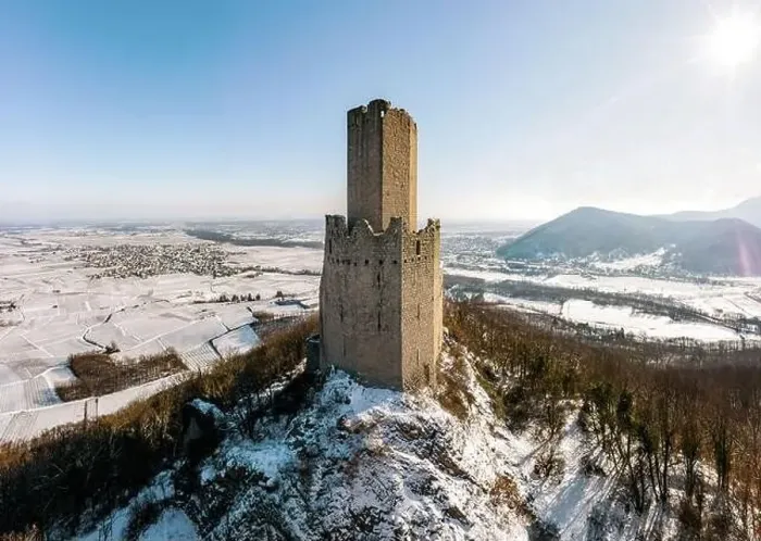 Framed Print : Panoramic view of the Ortenburg castle in the Vosges. Aerial view, drone shooting. Winter, Snow lies on the mountains Framed Print : Panoramic view of the Ortenburg castle in the Vosges. Aerial view, drone shooting. Winter, Snow lies on the mountains