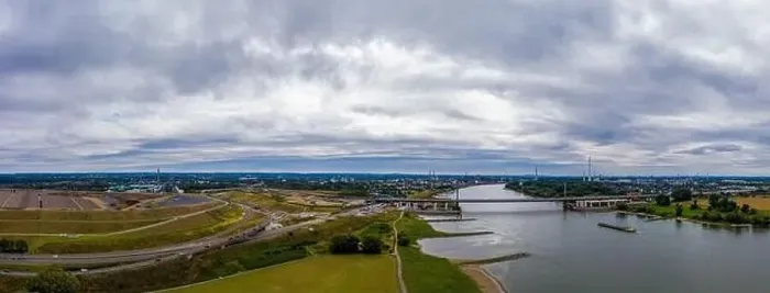 Framed Print : Panoramic view of the Rhine and the A1 motorway bridge near Leverkusen, Germany. Drone photography Framed Print : Panoramic view of the Rhine and the A1 motorway bridge near Leverkusen, Germany. Drone photography
