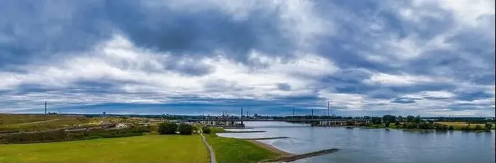 Framed Print : Panoramic view of the Rhine and the A1 motorway bridge near Leverkusen, Germany. Drone photography Framed Print : Panoramic view of the Rhine and the A1 motorway bridge near Leverkusen, Germany. Drone photography