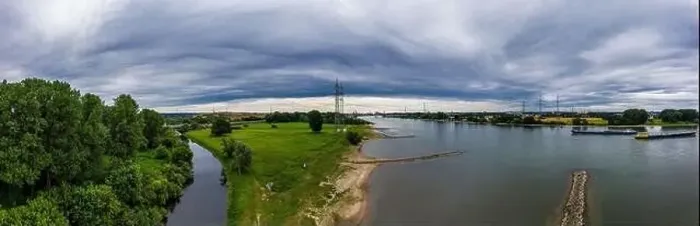 Framed Print : Panoramic view of the Rhine and the A1 motorway bridge near Leverkusen, Germany. Drone photography