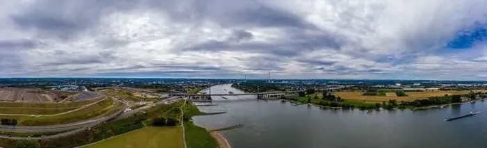 Framed Print : Panoramic view of the Rhine motorway bridge near Leverkusen, Germany. Drone photography Framed Print : Panoramic view of the Rhine motorway bridge near Leverkusen, Germany. Drone photography