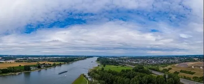 Framed Print : Panoramic view of the Rhine river near Leverkusen, Germany. Drone photography Framed Print : Panoramic view of the Rhine river near Leverkusen, Germany. Drone photography