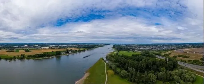 Framed Print : Panoramic view of the Rhine river near Leverkusen, Germany. Drone photography Framed Print : Panoramic view of the Rhine river near Leverkusen, Germany. Drone photography