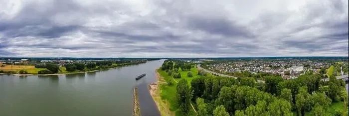 Framed Print : Panoramic view of the Rhine river near Leverkusen, Germany. Drone photography Framed Print : Panoramic view of the Rhine river near Leverkusen, Germany. Drone photography