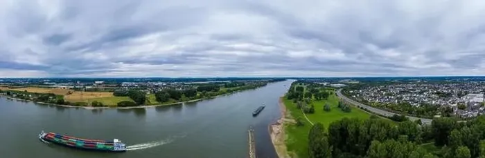 Framed Print : Panoramic view of the Rhine river near Leverkusen, Germany. Drone photography Framed Print : Panoramic view of the Rhine river near Leverkusen, Germany. Drone photography