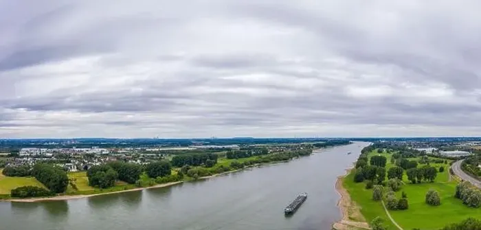 Framed Print : Panoramic view of the Rhine river near Leverkusen, Germany. Drone photography Framed Print : Panoramic view of the Rhine river near Leverkusen, Germany. Drone photography