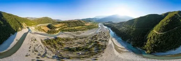 Framed Print : Panoramic view on river Osumi by village Mrakull near Polican in Albania in Summer sunrise Framed Print : Panoramic view on river Osumi by village Mrakull near Polican in Albania in Summer sunrise