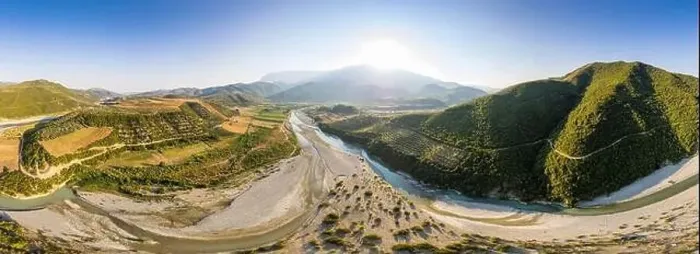 Framed Print : Panoramic view on river Osumi by village Mrakull near Polican in Albania in Summer sunrise Framed Print : Panoramic view on river Osumi by village Mrakull near Polican in Albania in Summer sunrise