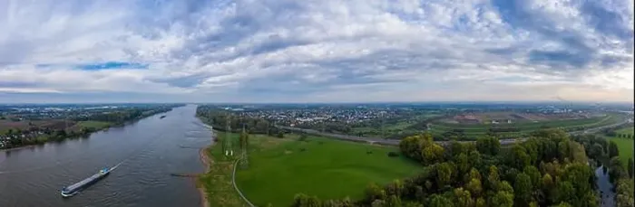 Framed Print : Panoramic view on riverboats on the Rhine. Aerial photography by drone