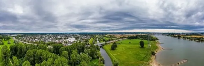 Framed Print : Panoramic view of the rivers Rhine and Wupper near Leverkusen, Germany. Drone photography Framed Print : Panoramic view of the rivers Rhine and Wupper near Leverkusen, Germany. Drone photography