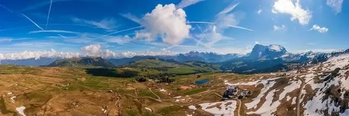 Framed Print : Panoramic view from the Seiser Alm to the Dolomites in Italy, drone shot Framed Print : Panoramic view from the Seiser Alm to the Dolomites in Italy, drone shot