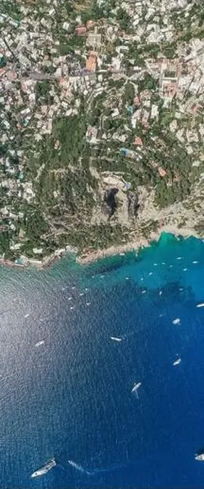 Framed Print : Panoramic view of south Capri Island crag coastline with big mountain hole and villa pool Framed Print : Panoramic view of south Capri Island crag coastline with big mountain hole and villa pool