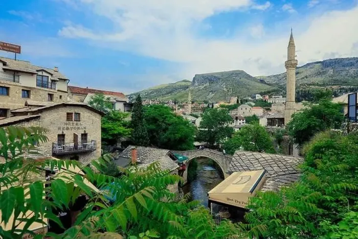 Framed Print : Panoramic View to the Spring and Green cityscape of Mostar, Bosnia and Herzegovina Framed Print : Panoramic View to the Spring and Green cityscape of Mostar, Bosnia and Herzegovina