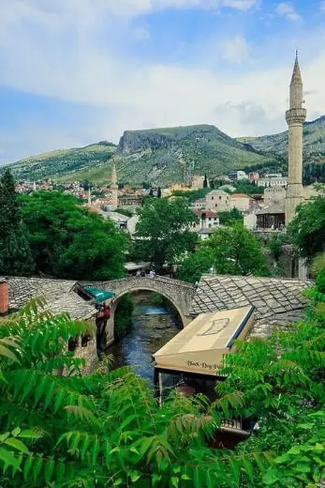 Framed Print : Panoramic View to the Spring and Green cityscape of Mostar, Bosnia and Herzegovina Framed Print : Panoramic View to the Spring and Green cityscape of Mostar, Bosnia and Herzegovina