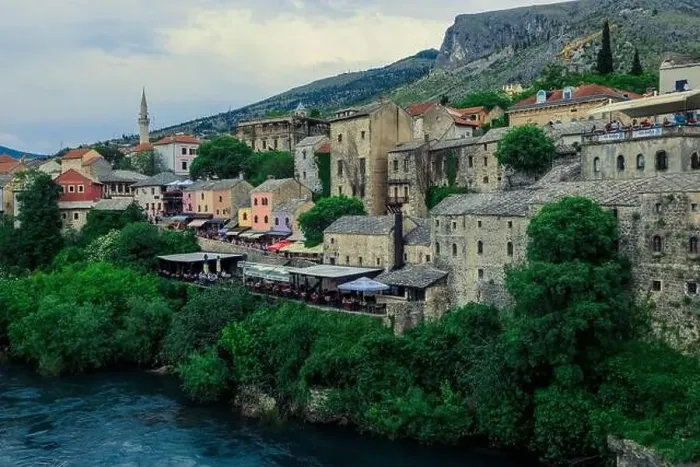 Framed Print : Panoramic View to the Spring and Green cityscape of Mostar, Bosnia and Herzegovina Framed Print : Panoramic View to the Spring and Green cityscape of Mostar, Bosnia and Herzegovina