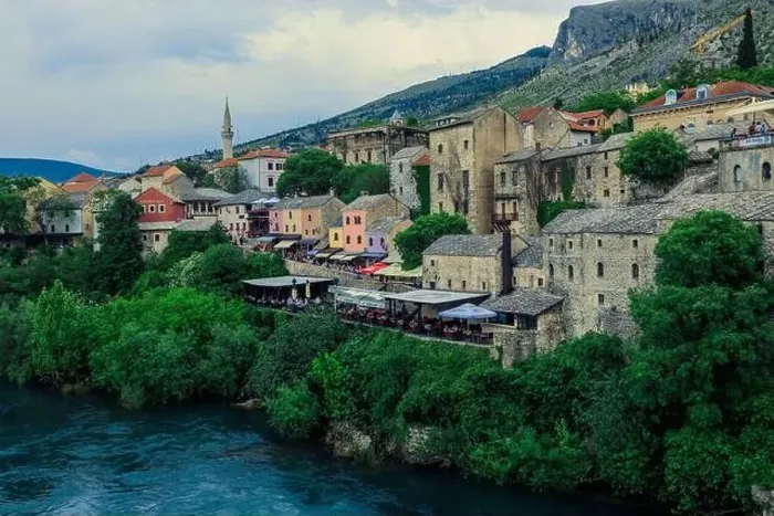Framed Print : Panoramic View to the Spring and Green cityscape of Mostar, Bosnia and Herzegovina Framed Print : Panoramic View to the Spring and Green cityscape of Mostar, Bosnia and Herzegovina
