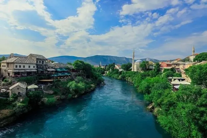 Framed Print : Panoramic View to the Spring and Green cityscape of Mostar, Bosnia and Herzegovina Framed Print : Panoramic View to the Spring and Green cityscape of Mostar, Bosnia and Herzegovina