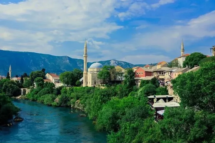 Framed Print : Panoramic View to the Spring and Green cityscape of Mostar, Bosnia and Herzegovina Framed Print : Panoramic View to the Spring and Green cityscape of Mostar, Bosnia and Herzegovina