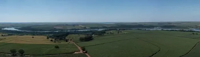 Framed Print : panoramic view of the Tiete River waterway with several plantations nearby