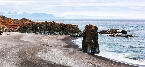 Panoramical view of famous basalt rock on Iceland coastline. Landscape photography