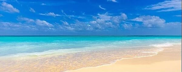 Paradise island beach. Tropical landscape of summer scenery, white sand, blue sea sky. Luxury travel vacation destination. Exotic beach landscape