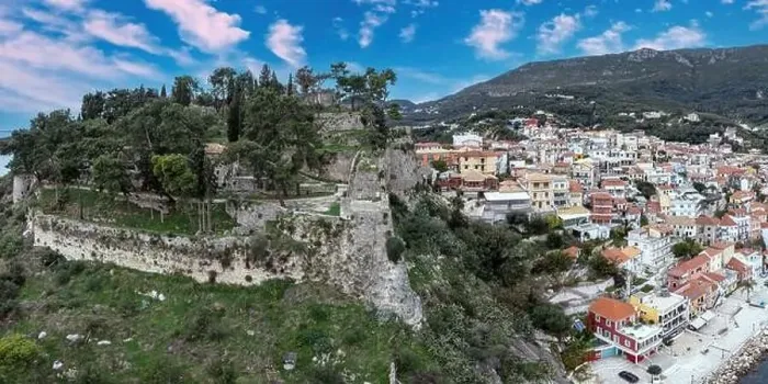 Framed Print : Parga city, Greece aerial drone view of Venetian Castle ruins, coastal traditional building cloudy blue sky background Framed Print : Parga city, Greece aerial drone view of Venetian Castle ruins, coastal traditional building cloudy blue sky background