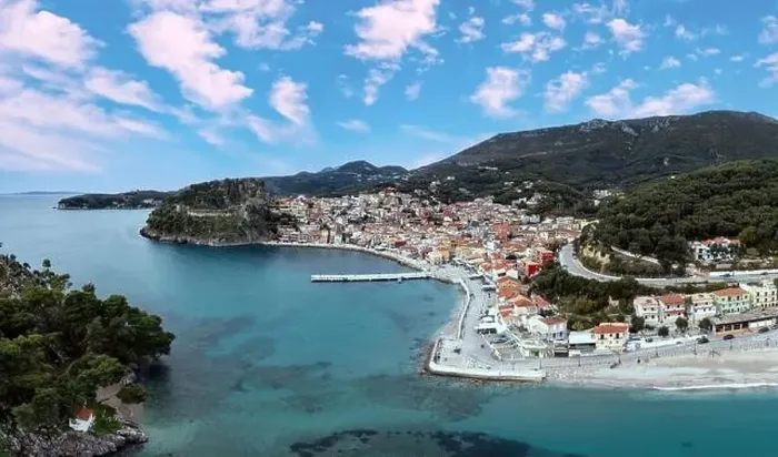 Framed Print : Parga Epirus Greece. Aerial drone view of waterfront Ionian city Framed Print : Parga Epirus Greece. Aerial drone view of waterfront Ionian city