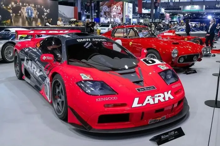 Framed Print : Paris, France - Rétromobile 2024. Focus on a red and grey 1997 McLaren F1 GTR Longtail. Chassis no. 27R